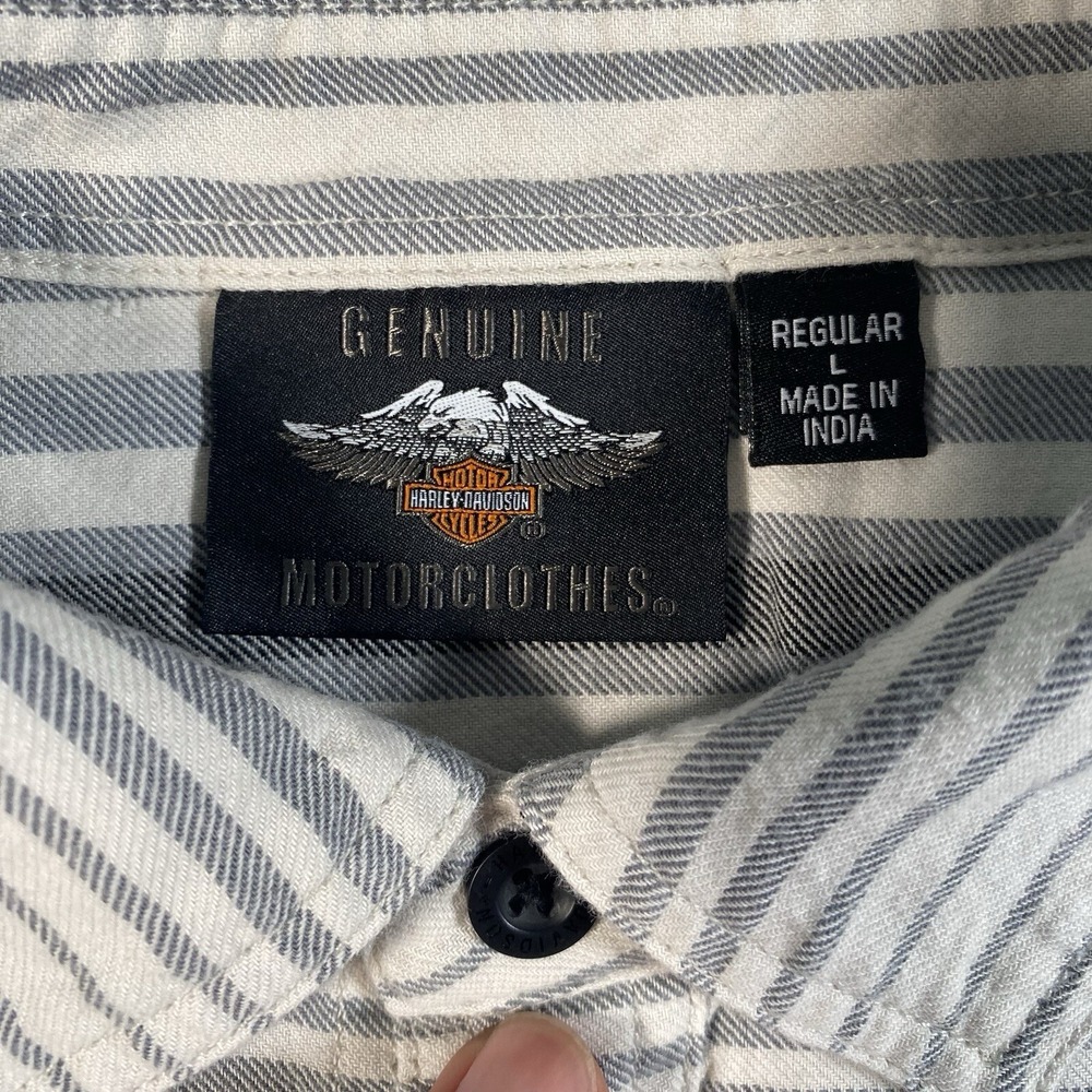 Harley Davidson Mens L Striped Short Sleeve Button Shirt Motorcycles Mechanic - Picture 2 of 8
